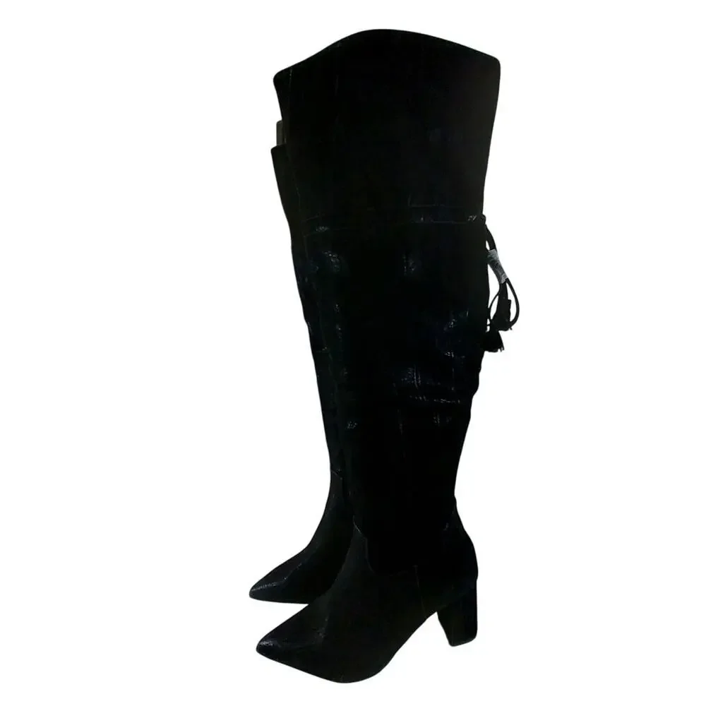 NWOT! SHOEDAZZLE! BLACK W/SUBTLE SNAKESKIN OVER KNEE VEGAN SUEDE BOOTS! SZ 9.5